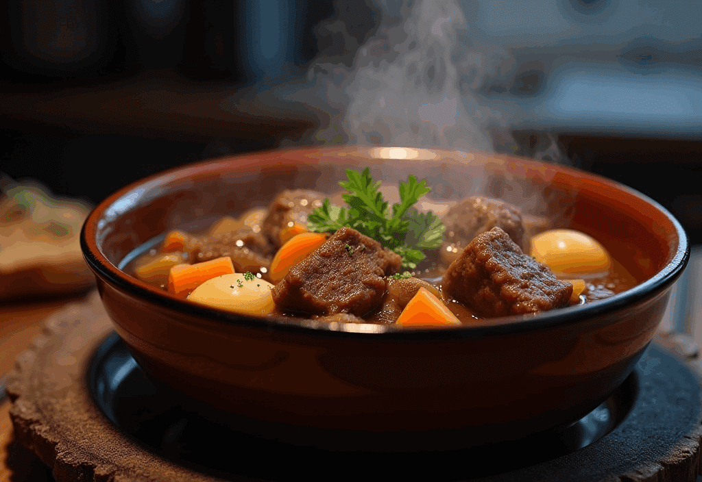 estofado de carne en olla rápida servido en plato hondo