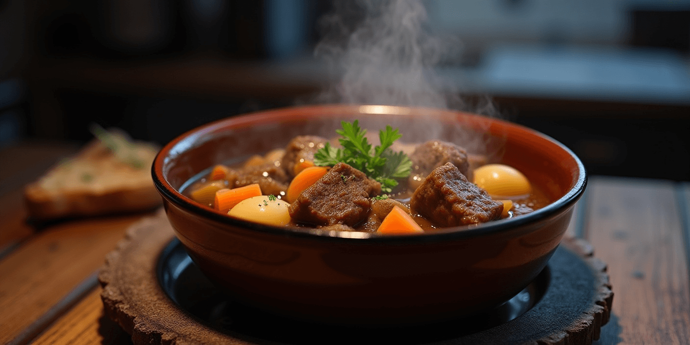 estofado de carne en olla rápida servido en plato hondo