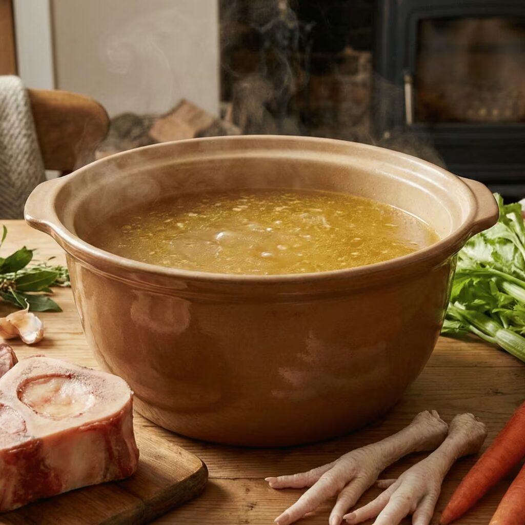 Olla de barro con caldo de huesos natural y huesos de rodilla de ternera crudos sobre tabla de madera.