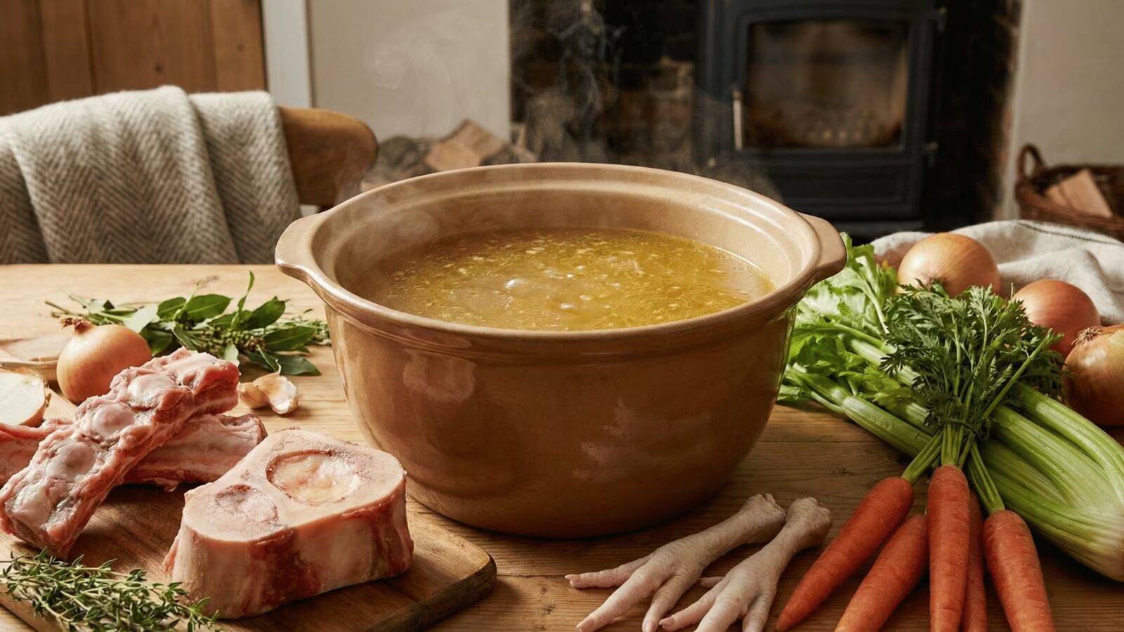 Olla de barro con caldo de huesos natural y huesos de rodilla de ternera crudos sobre tabla de madera.